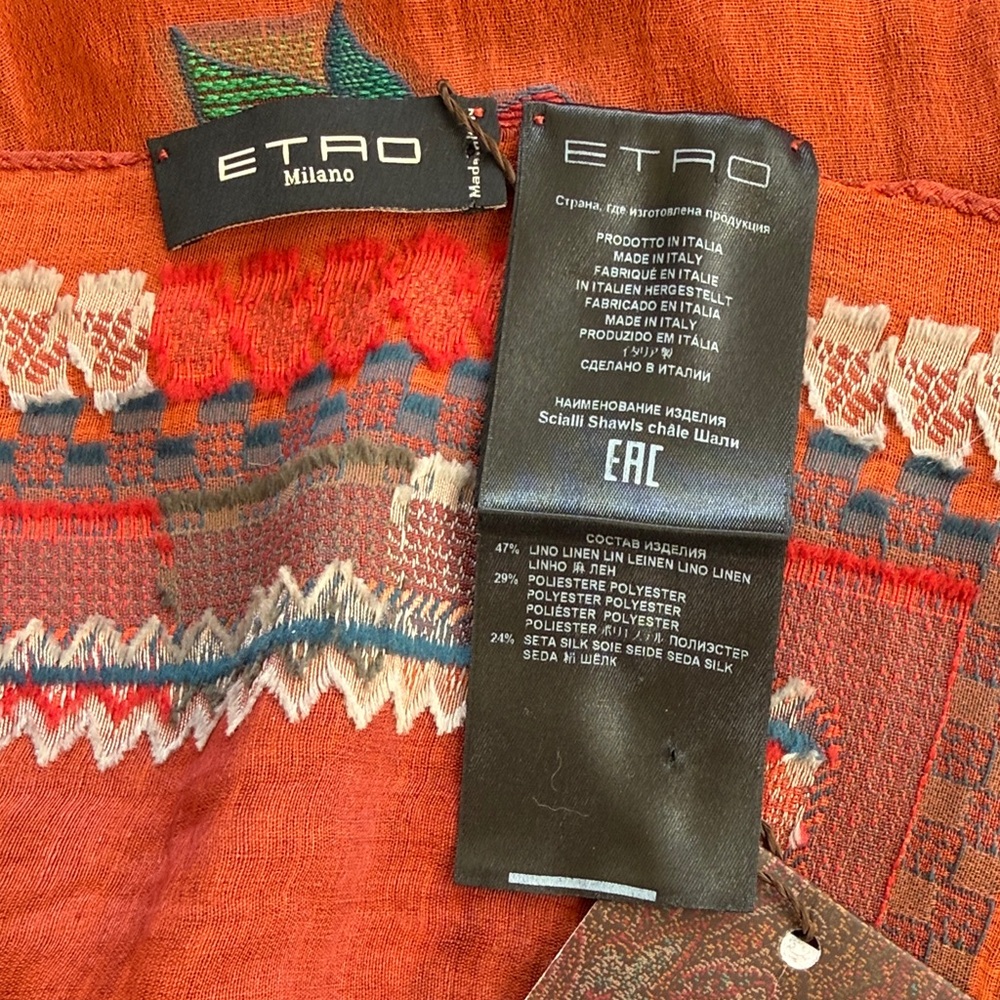 Etro NWT Vibrant Long Rust/Orange Scarf with Multicolor Embroidery - Picture 3 of 16